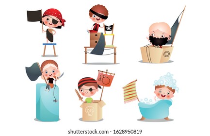 Set of different kid characters that play in a pirate game. Vector illustration in flat cartoon style.