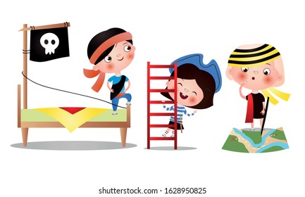 Set of different kid characters that play in a pirate game. Vector illustration in flat cartoon style.