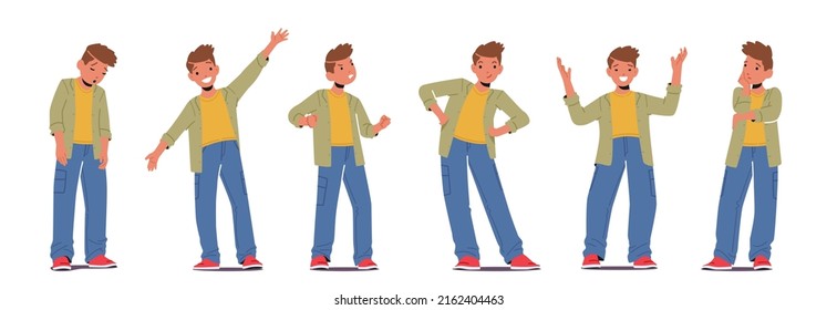 Set of Different Kid Emotions, Teen Boy Facial Expression, Sad, Happy, Angry, Confident and Bored Feelings. Kid Character Expressions Isolated on White Background. Cartoon People Vector Illustration
