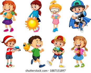 Set of different kid playing with their toys cartoon character isolated on white background illustration