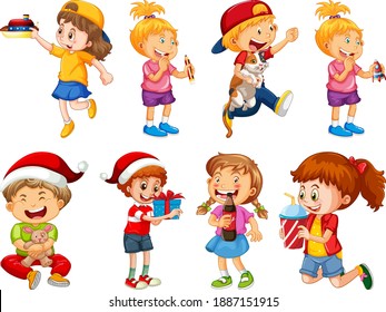 Set of different kid playing with their toys cartoon character isolated on white background illustration