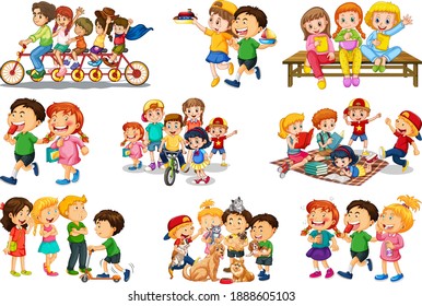 Set of different kid playing with their toys cartoon character isolated on white background illustration