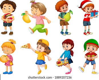 Set of different kid playing with their toys cartoon character isolated on white background illustration