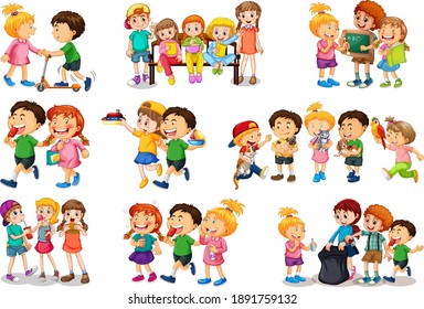 Set of different kid playing with their toys cartoon character isolated on white background illustration