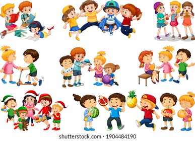 Set of different kid playing with their toys cartoon character isolated on white background illustration