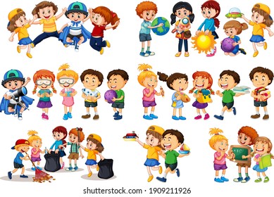 Set of different kid playing with their toys cartoon character isolated on white background illustration