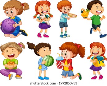 Set of different kid playing with their toys cartoon character isolated on white background illustration