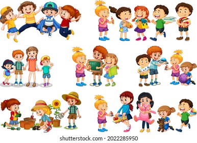 Set of different kid playing with their toys cartoon character isolated on white background illustration