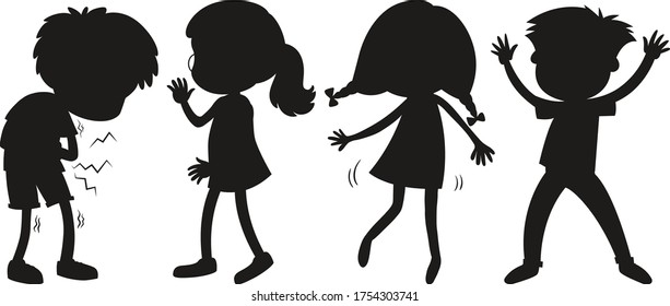 Set of different kid positions in silhouette illustration