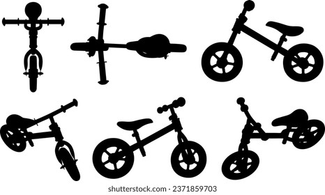 Set of different kids balance bike isolated on white