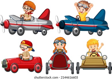 Set of different kids in car toy illustration