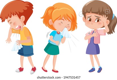 Set of different kids cartoon character have flu symptom illustration