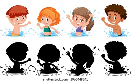 Conjunto de personajes de dibujos animados de diferentes niños en la ilustración de fondo blanco sobre el agua