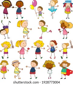 Set of different kids in doodle style illustration