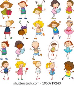 Conjunto de niños diferentes en ilustración de estilo doodle