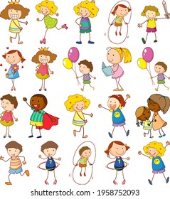 Conjunto de niños diferentes en ilustración de estilo doodle