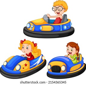 Set of different kids driving bumper cars in cartoon style illustration