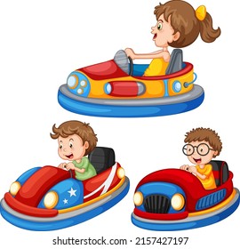 Set of different kids driving bumper cars in cartoon style illustration