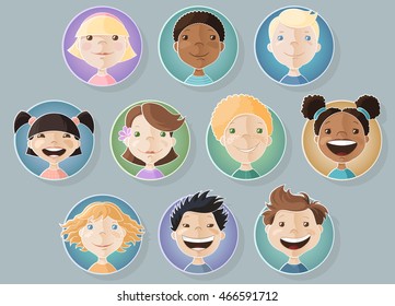 A set of different kids faces. Boys and Girls. Vector illustration
