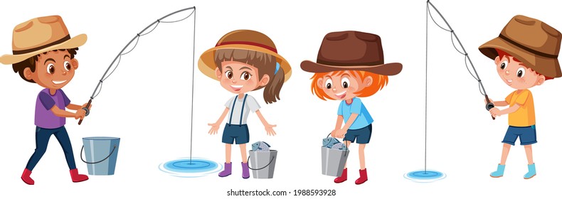 Set of different kids fishing fish cartoon character on white background illustration