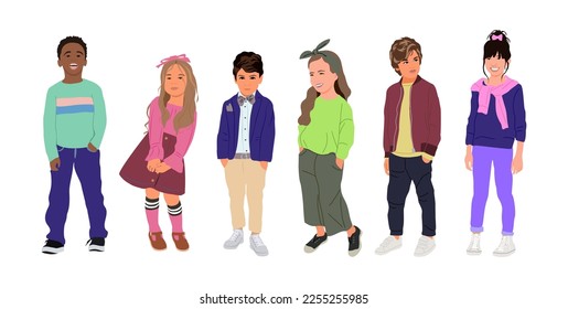 Set of different Kids flat vector realistic illustrations. Multiracial group of children in modern casual clothing. Modern elementary, middle school students, kindergarten pupils cartoon characters.