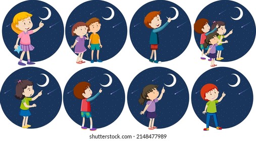 Conjunto de niños diferentes mirando la ilustración de la luna