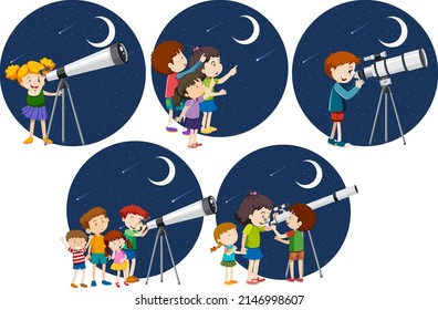Set of different kids looking through telescope at night illustration
