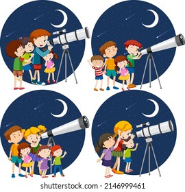 Set of different kids looking through telescope at night illustration