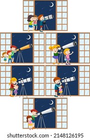 Set of different kids observe night sky with telescope illustration