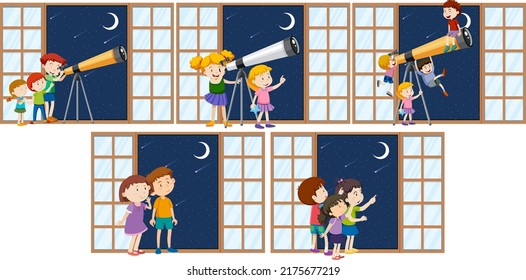 Set of different kids observe night sky with telescope illustration