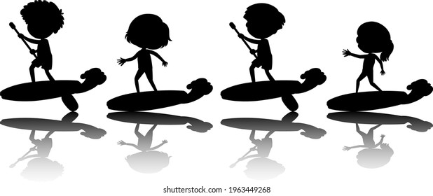 Set of different kids on surf board silhouette illustration