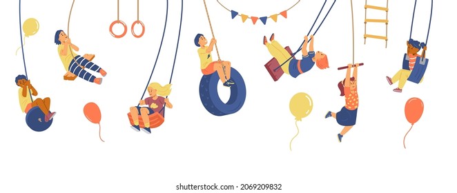 Set of different kids on swing, other rope sport equipment in flat vector illustration isolated on white background. Cartoon children characters, boys, girls having fun, enjoying vacation activity