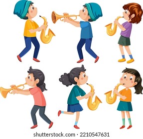Set of different kids playing music illustration