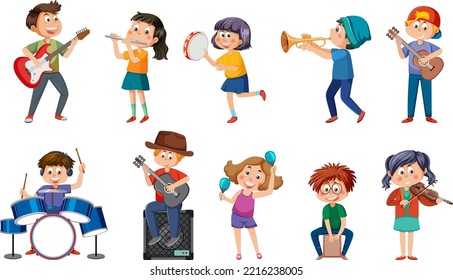 Set of different kids playing music illustration
