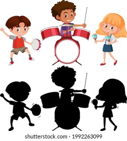 Set Of Different Kids Playing Musical Instruments With Silhouette Illustration