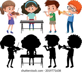 Set Of Different Kids Playing Musical Instruments With Silhouette Illustration