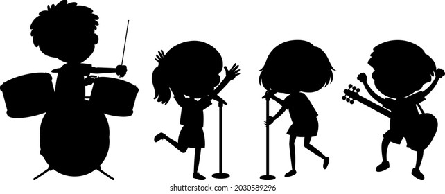 Set of different kids playing musical instruments silhouette illustration