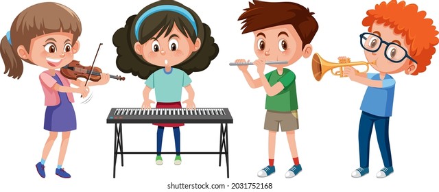 Set of different kids playing musical instruments illustration