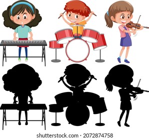 Set Of Different Kids Playing Musical Instruments With Silhouette Illustration