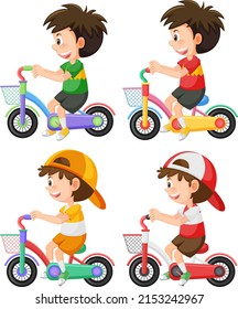 Set of different kids riding bicycles isolated illustration