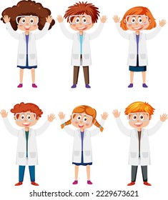 Set of different kids in scientist outfits illustration