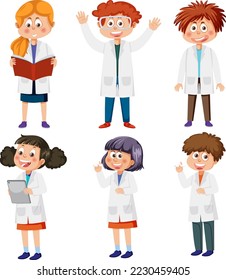 Set of different kids in scientist outfits illustration