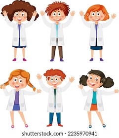 Set of different kids in scientist outfits illustration