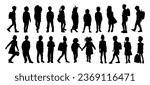 Set of different Kids silhouettes standing, walking, running to school.  Elementary, middle school pupils characters. Vector black monochrome illustrations isolated on white background.