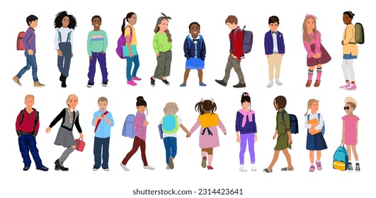 Set of different Kids standing, walking, running to school. Multiracial group of children in modern casual clothes. Elementary, middle school pupils cartoon characters. Vector realistic illustrations