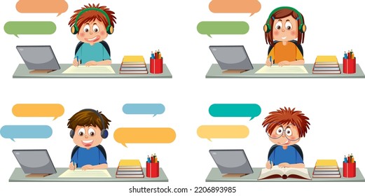 Set of different kids studying on laptop illustration