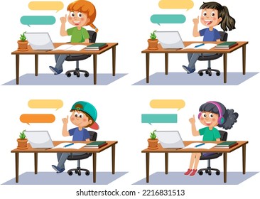 Set of different kids studying on laptop illustration