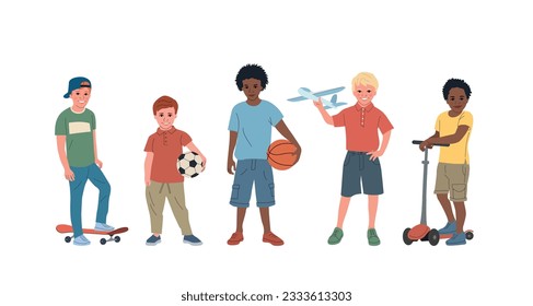 Set of different kids with toys and balls. Vector flat style cartoon illustration