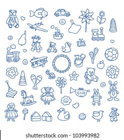 Set of different kids toys (boy and girl) in blue pen outline