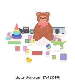 set different kids toys childhood concept isolated vector illustration